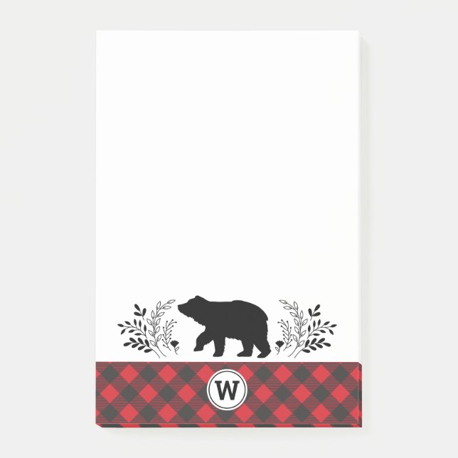 Monogram Rustic Bear Buffalo Kariert Post-it Klebezettel (Vorderseite)
