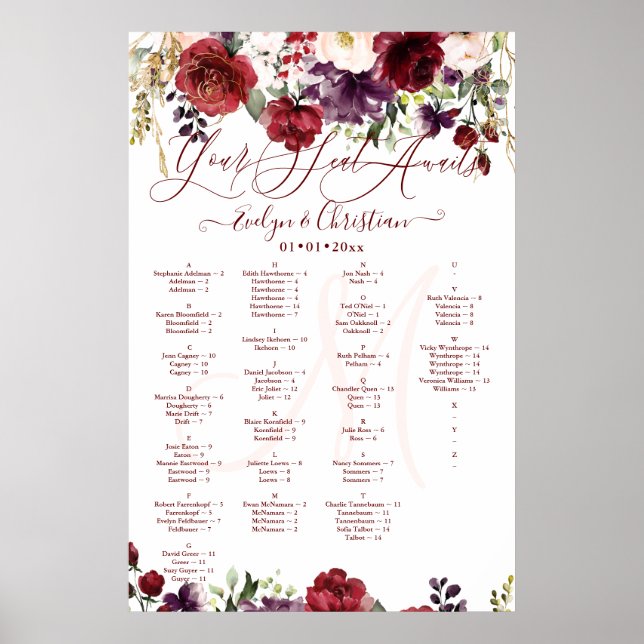 Monogram Rustic Bloom Blush Burgundy Dusty Lila Poster (Vorne)