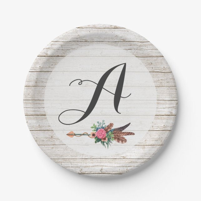 Monogram Rustic Bohemisch Feathers Arrow Wedding Pappteller (Vorderseite)