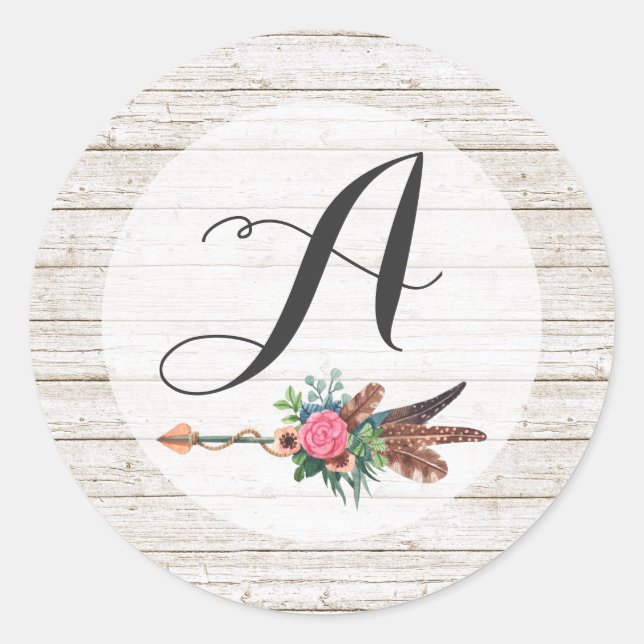 Monogram Rustic Bohemisch Feathers Arrow Wedding Runder Aufkleber (Vorderseite)