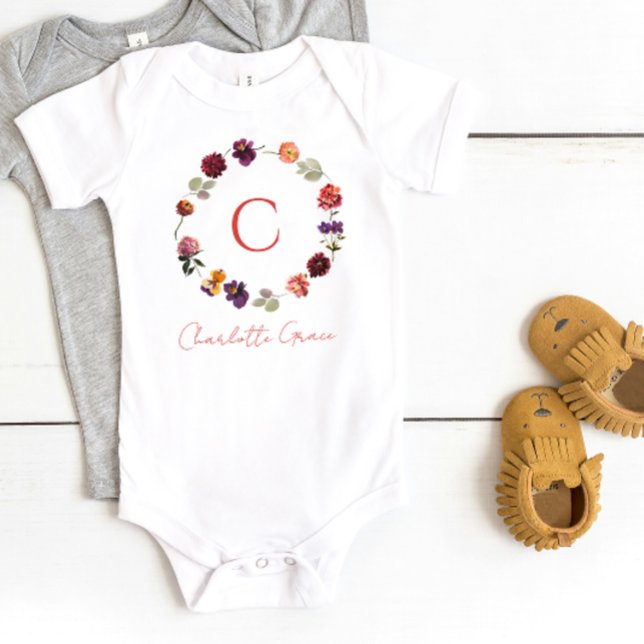 Monogram Rustic Boho Floral Watercolor Wreath Baby Strampler (Baby Bodysuit)