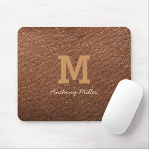 Monogram Rustic Brown Leather Name Script Modern Mousepad
