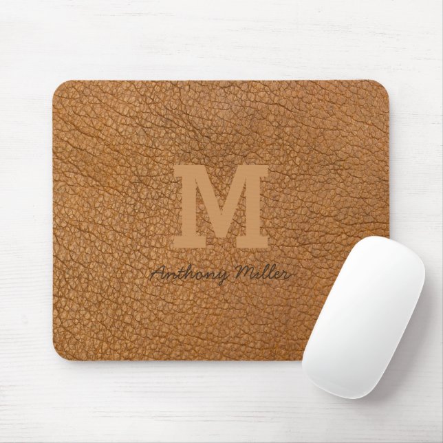Monogram Rustic Brown Leather Name Script Modern Mousepad (Mit Mouse)