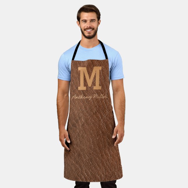 Monogram Rustic Brown Leather Name Script Modern Schürze (Getragen)