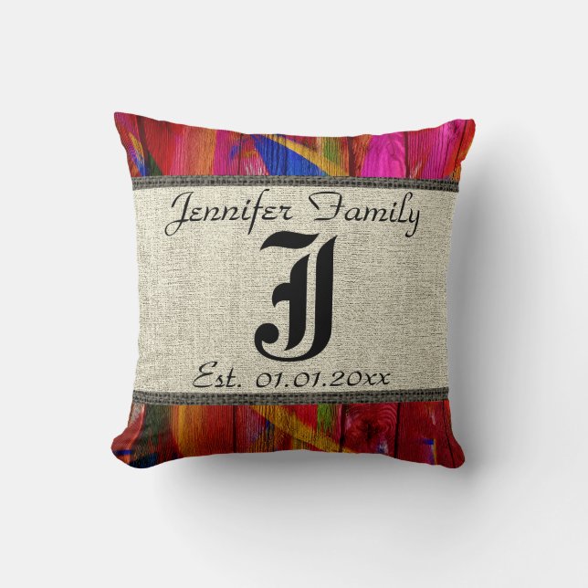 Monogram Rustic Burlap Paint Wood Look #6 Kissen (Vorderseite)