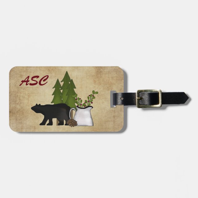 Monogram Rustic Country Mountain Silhouette Bär Gepäckanhänger (Vorderseite horizontal)