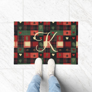 Monogram Rustic Country Red Green Kariert Hearts Fußmatte