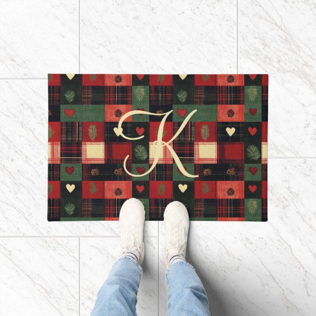 Monogram Rustic Country Red Green Kariert Hearts Fußmatte (Indoor)