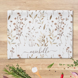 Monogram Rustic Elegant Brown Wildblumen Blätter Geschirrtuch