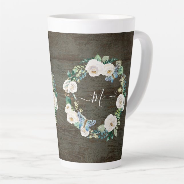 Monogram Rustic Floral Butterfly Watercolor Wood Milchtasse (Rechte Ecke)