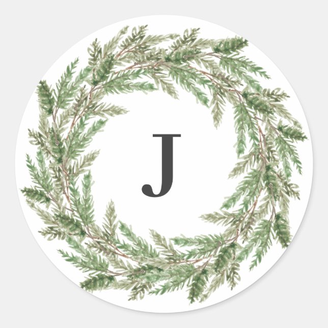 Monogram Rustic Greenerity Pine Wreath Holiday Runder Aufkleber (Vorderseite)