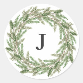 Monogram Rustic Greenerity Pine Wreath Holiday Runder Aufkleber
