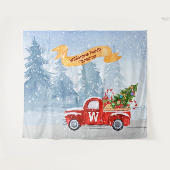 Monogram Rustic Red Christmas Truck Schnee Hinterg Wandteppich (Vorderseite (Horizontal))