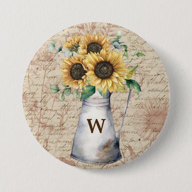 Monogram Rustic Sunflower Vintag Letter Decoupage Button (Vorderseite)