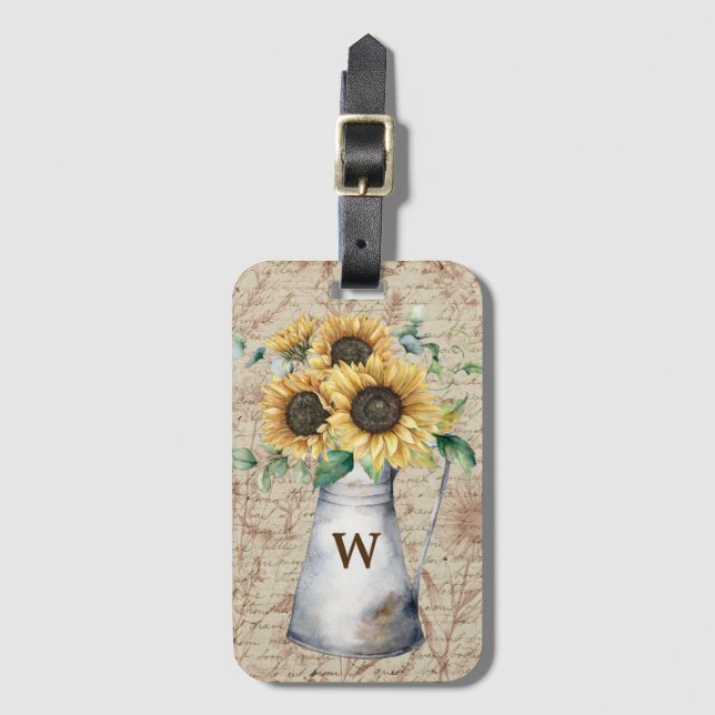 Monogram Rustic Sunflower Vintag Letter Decoupage Gepäckanhänger (Vorderseite Vertikal)