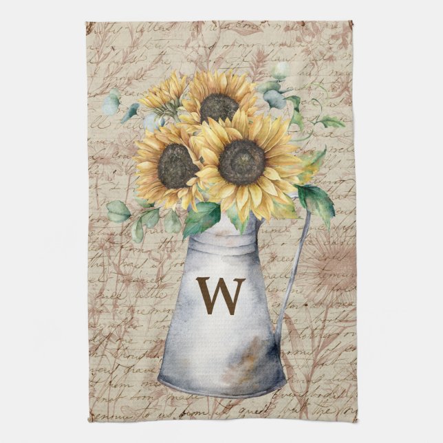 Monogram Rustic Sunflower Vintag Letter Decoupage Geschirrtuch (Vertikal)
