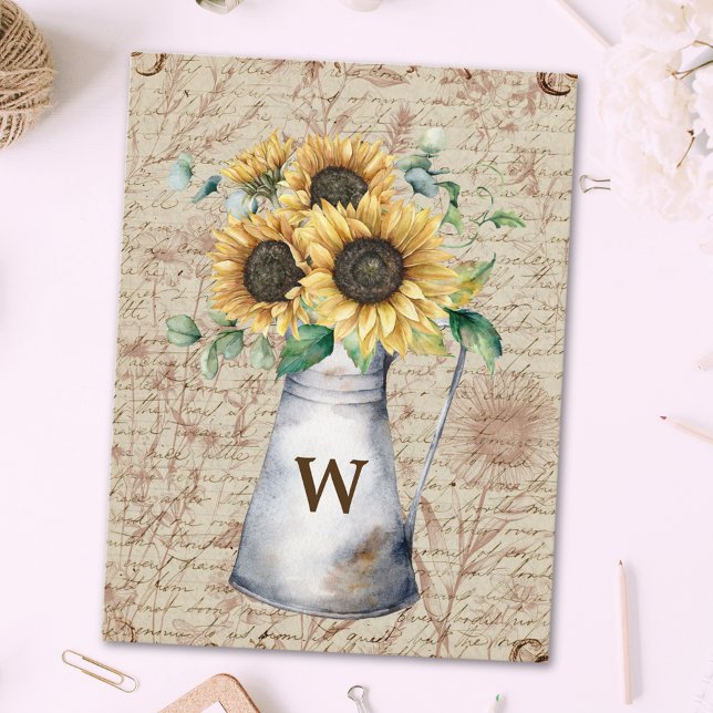 Monogram Rustic Sunflower Vintag Letter Decoupage Postkarte (In situ)
