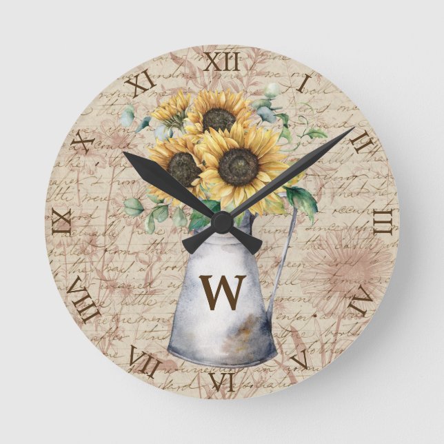 Monogram Rustic Sunflower Vintag Letter Decoupage Runde Wanduhr (Vorderseite)