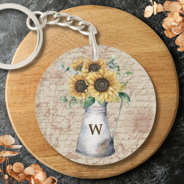 Monogram Rustic Sunflower Vintag Letter Decoupage Schlüsselanhänger (In situ)