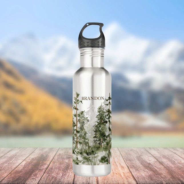 Monogram Rustic Watercolor Green Forest Edelstahlflasche (In situ)