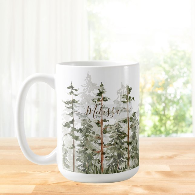 Monogram Rustic Watercolor Green Forest Kaffeetasse (In situ Kitchen table)