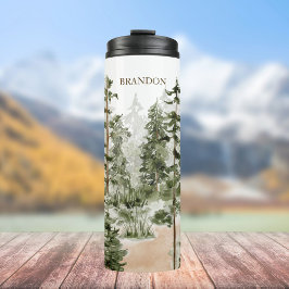 Monogram Rustic Watercolor Green Forest Thermosbecher