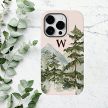 Monogram Rustic Watercolor Pine Forest & Mountain