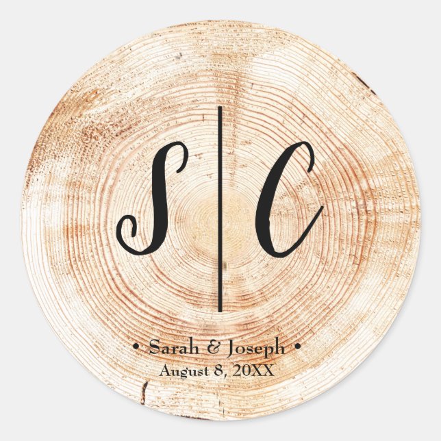 Monogram Rustic Wedding Wood Disk Slab Runder Aufkleber (Vorderseite)