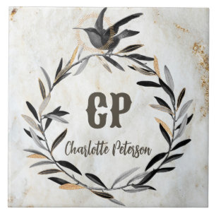 Monogram Rustic White Marble Bird Wreath Custom Fliese