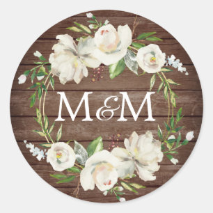 Monogram Rustic Wood Antique White Floral Wedding Runder Aufkleber