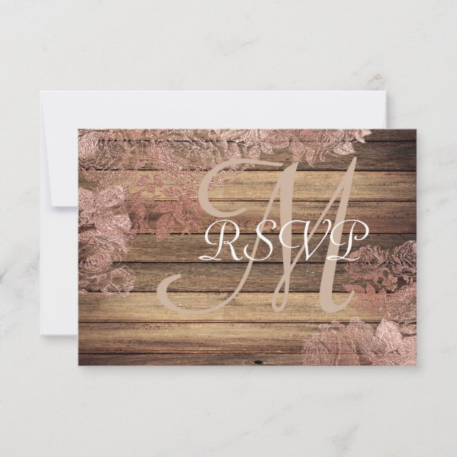 Monogram Rustic Wood Rose Lace Wedding RSVP (Vorderseite)