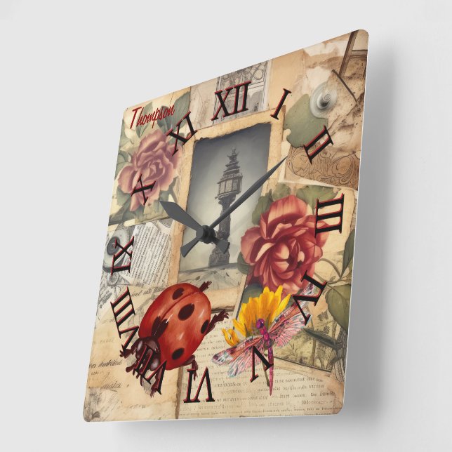 Monogram, rustikal, floral und Libelle Quadratische Wanduhr (Winkel)