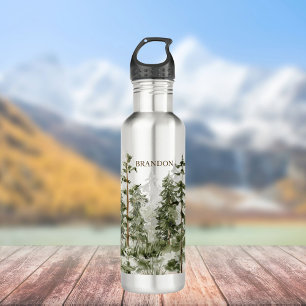 Monogram Rustikal Wasserfarbe Grüner Wald Edelstahlflasche