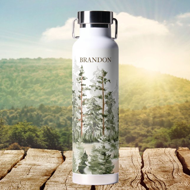 Monogram Rustikal Wasserfarbe Grüner Wald Trinkflasche (Von Creator hochgeladen)