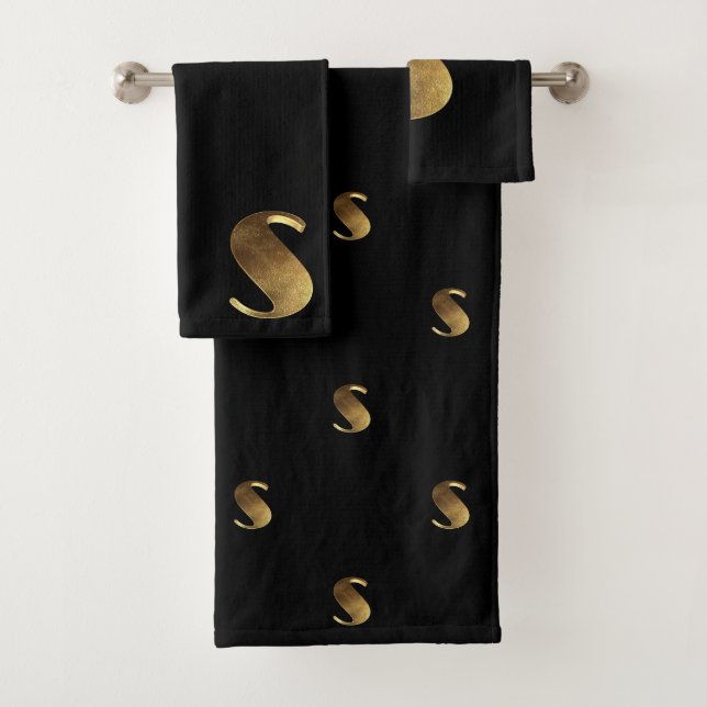 Monogram S Black and Gold Look Elegante Typografie Badhandtuch Set (Insitu)