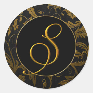Monogram S Gold and Black Damask Wedding Siegel Runder Aufkleber