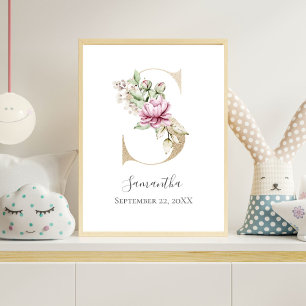 Monogram S Pink White Floral Gold Letter Kinderzim Poster