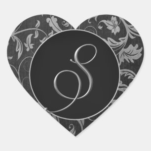 Monogram S Silver and Black Damask Wedding Siegel Herz-Aufkleber