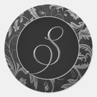 Monogram S Silver and Black Damask Wedding Siegel Runder Aufkleber