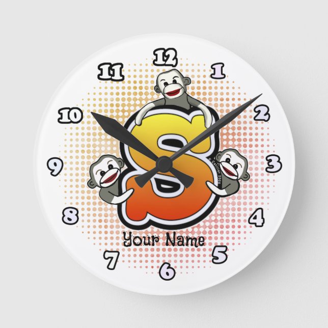 Monogram S Socken Monkey-Uhr Runde Wanduhr (Vorderseite)
