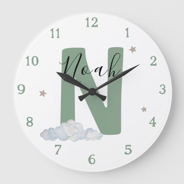 Monogram Sage Baby Initial Name Nursery Wall Clock Große Wanduhr (Vorderseite)