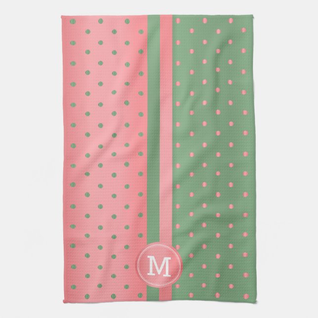 Monogram Sage Green and Coral Polka Dot Handtuch (Vertikal)
