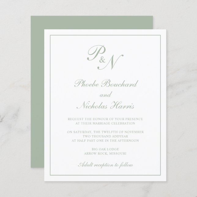 Monogram Sage Green Budget Hochzeitseinladung (Vorne/Hinten)