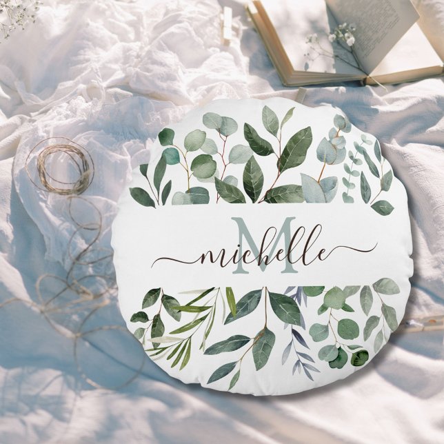 Monogram Sage Green Eucalyptus Greenerenerenerity  Rundes Kissen (In situ)