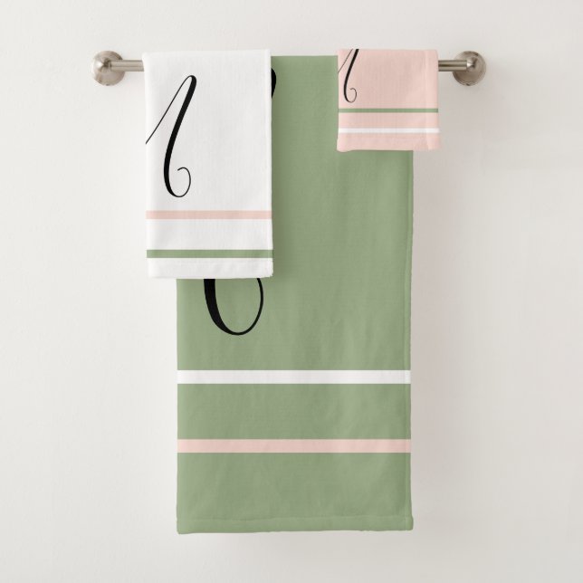 Monogram Sage Green Pink White Stripes Badhandtuch Set (Insitu)