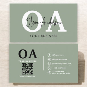 Monogram Sage Green QR Code Modern Minimalistisch Visitenkarte
