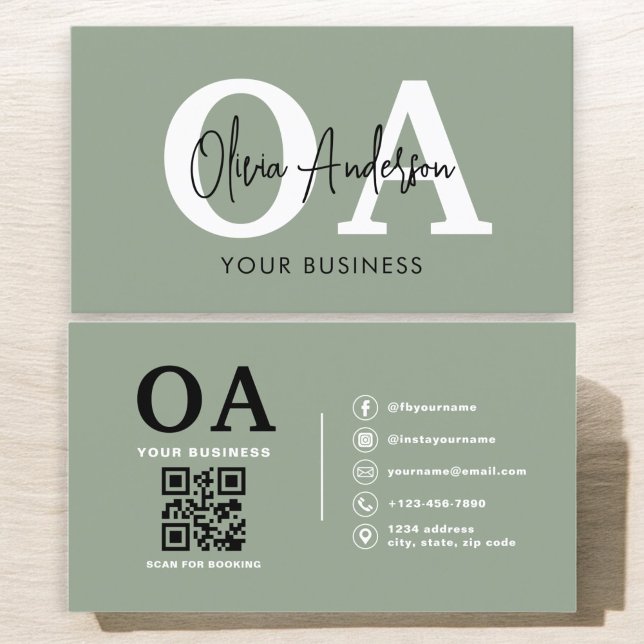 Monogram Sage Green QR Code Modern Minimalistisch Visitenkarte (Von Creator hochgeladen)