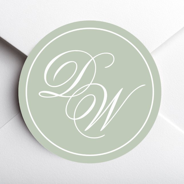 Monogram Sage Green Simple White Script 2 Initiale Runder Aufkleber (Von Creator hochgeladen)