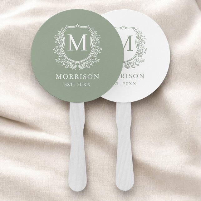 Monogram Sage Green Wappen Botanical Wedding Fächer (Von Creator hochgeladen)