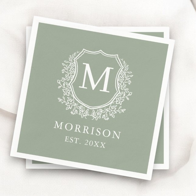Monogram Sage Green Wappen Botanical Wedding Serviette (Von Creator hochgeladen)